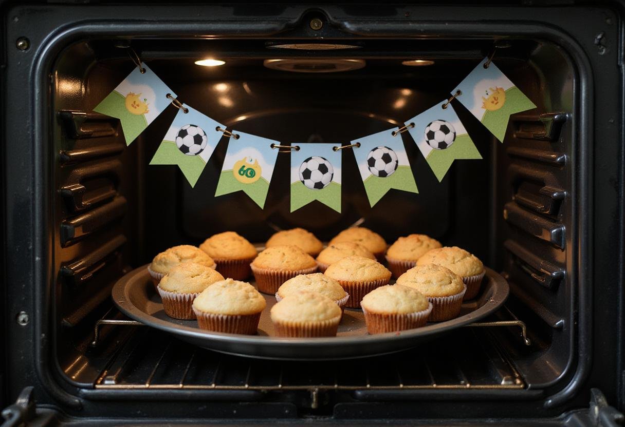 Baking soccer cupcakes in the oven, capturing the excitement of a special soccer-themed occasion.