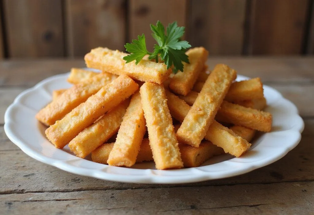 Beautifully arranged cheese straws on a serving plate garnished with parsley, perfect for entertaining or a simple snack, showcasing an enticing cheese straws recipe.