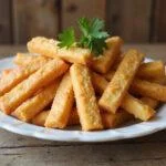 Beautifully arranged cheese straws on a serving plate garnished with parsley, perfect for entertaining or a simple snack, showcasing an enticing cheese straws recipe.