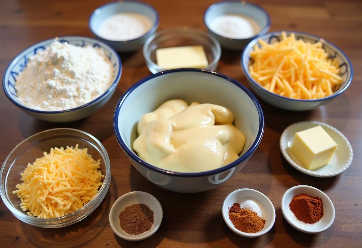 Ingredients for cheese straws recipe including flour, cheese, and butter arranged on a wooden table for easy cheese straws recipe preparation.