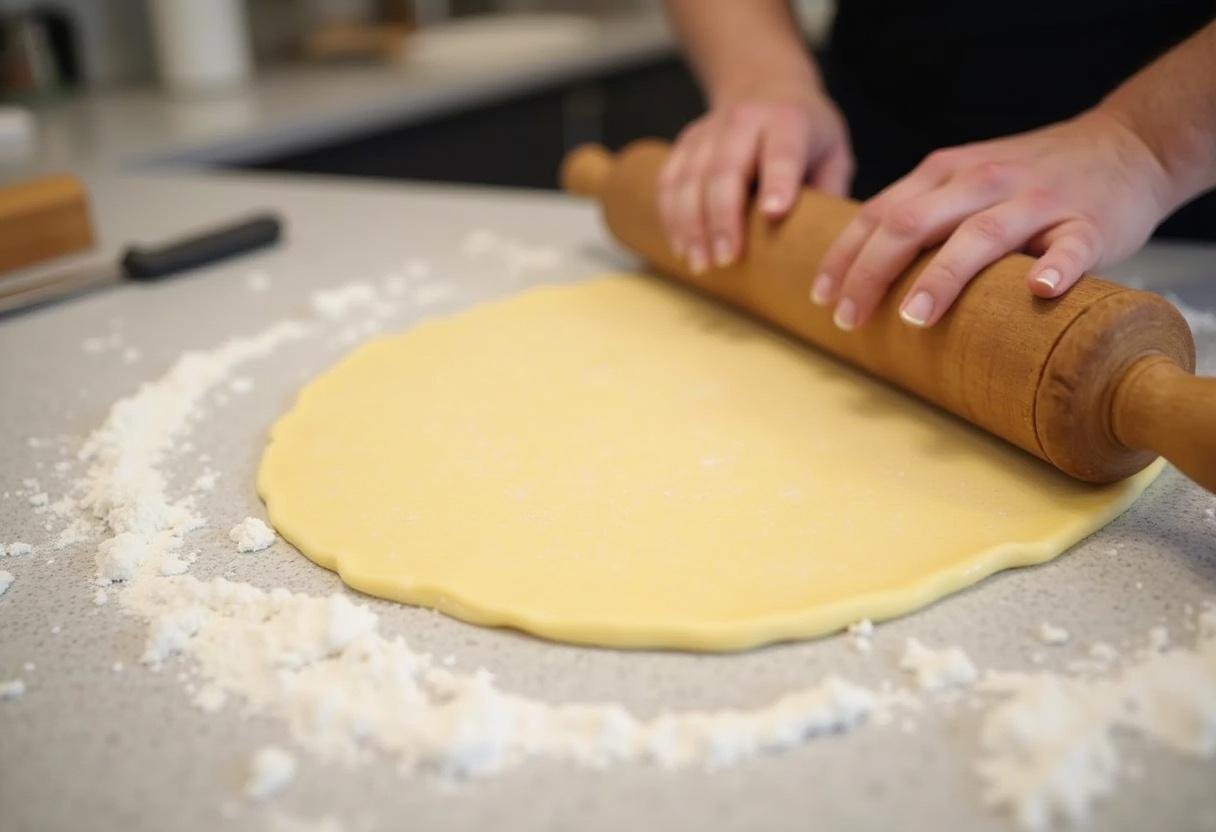 Rolling out dough for cheese straws recipe with a rolling pin on a floured surface in the kitchen for an easy cheese straws recipe.