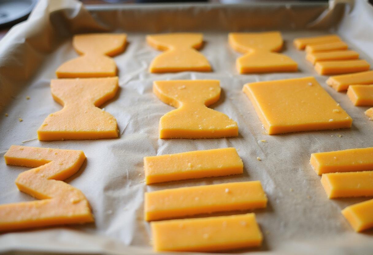 Cut cheese straw shapes on a baking tray lined with parchment paper, showcasing preparation for delicious cheese straws recipe.