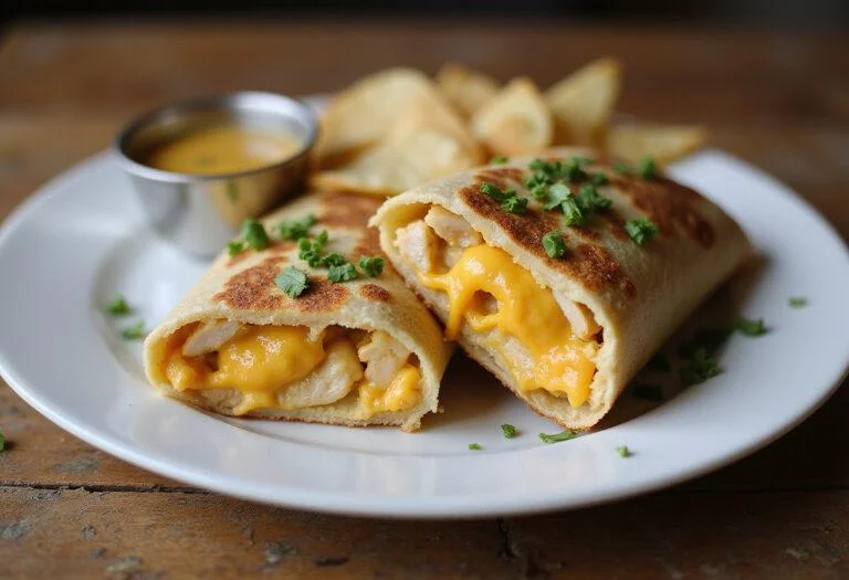 Delicious cheesy garlic chicken wraps plated and garnished, perfect for a quick meal or snack.