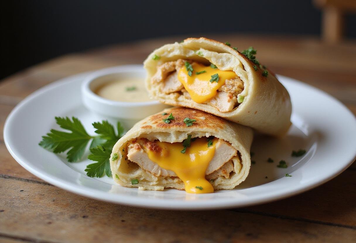 Delicious cheesy garlic chicken wraps plated and garnished, perfect for a quick meal or snack.