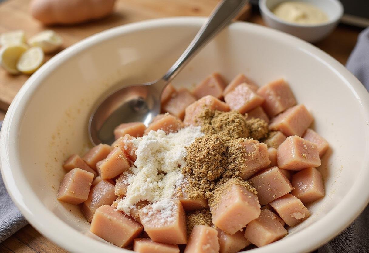 Seasoning chicken breast with garlic powder and salt for cheesy garlic chicken wraps.