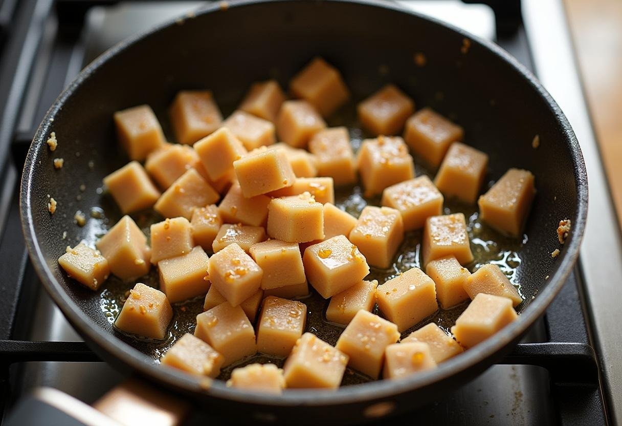 Sautéing diced chicken with garlic and butter for flavorful cheesy garlic chicken wraps.