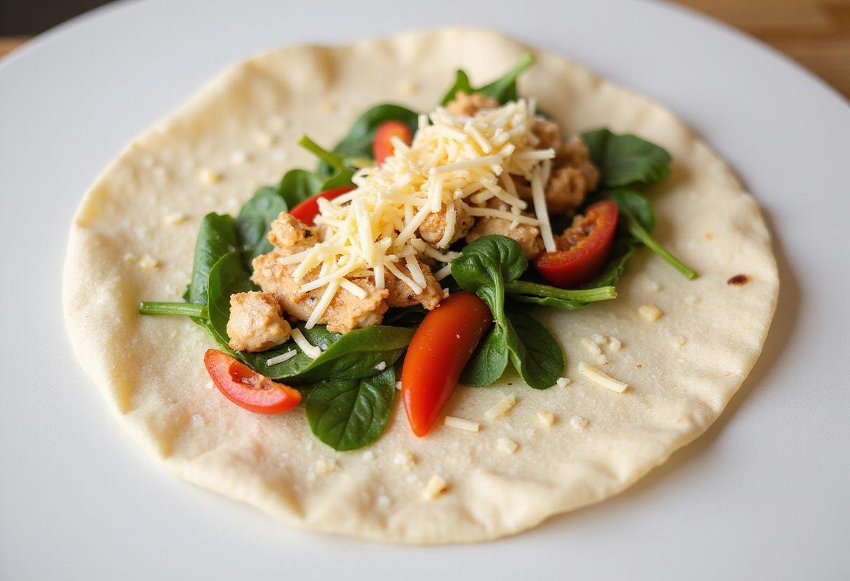 Preparing tortilla with sautéed chicken and cheese for cheesy garlic chicken wraps.