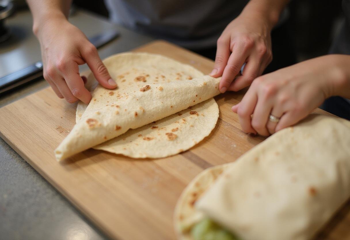 Rolling a tortilla to prepare cheesy garlic chicken wraps with fresh ingredients.