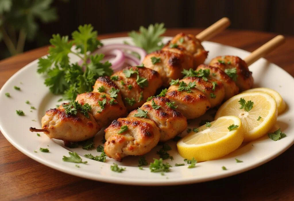 Final presentation of chicken adana kebab on a plate with fresh ingredients, showcasing vibrant colors in a warm dining setting.