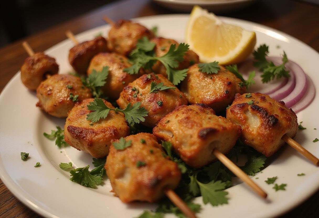 Final presentation of chicken adana kebab on a plate with fresh ingredients, showcasing vibrant colors in a warm dining setting.