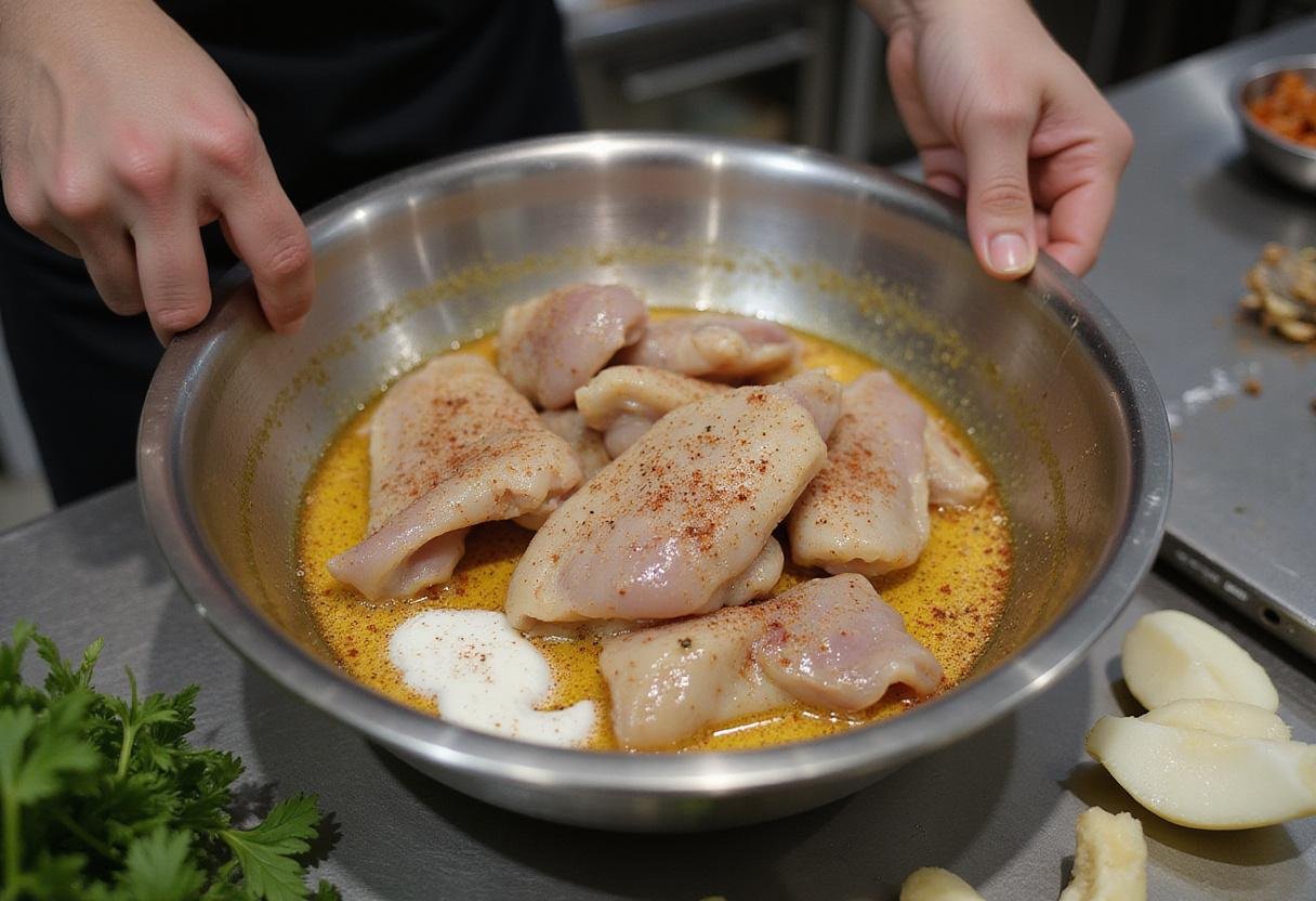 Marinating chicken for chicken adana kebab with spices and yogurt in a bright kitchen setting.