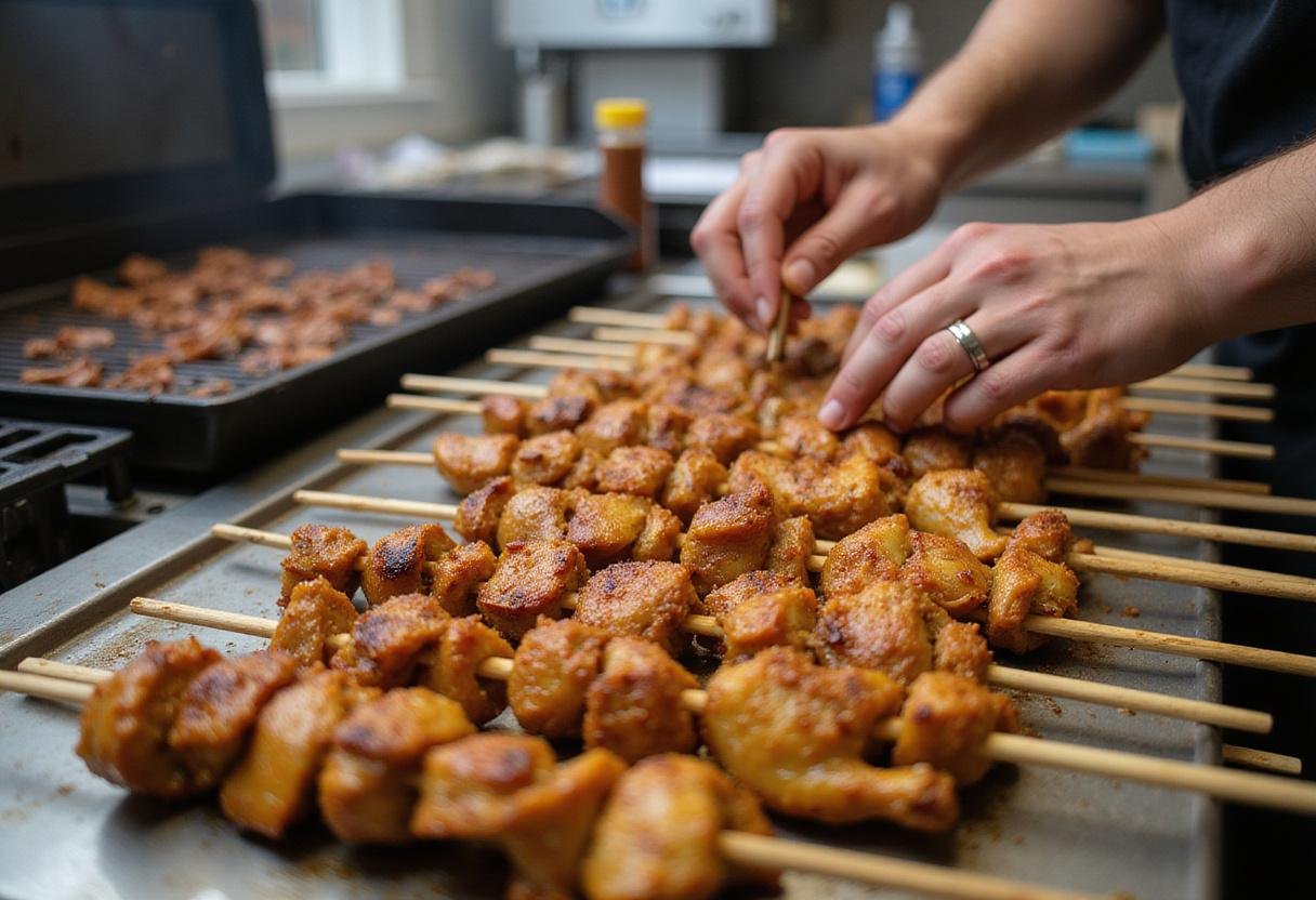 Threading marinated chicken onto skewers for chicken adana kebab with a grill in the background.