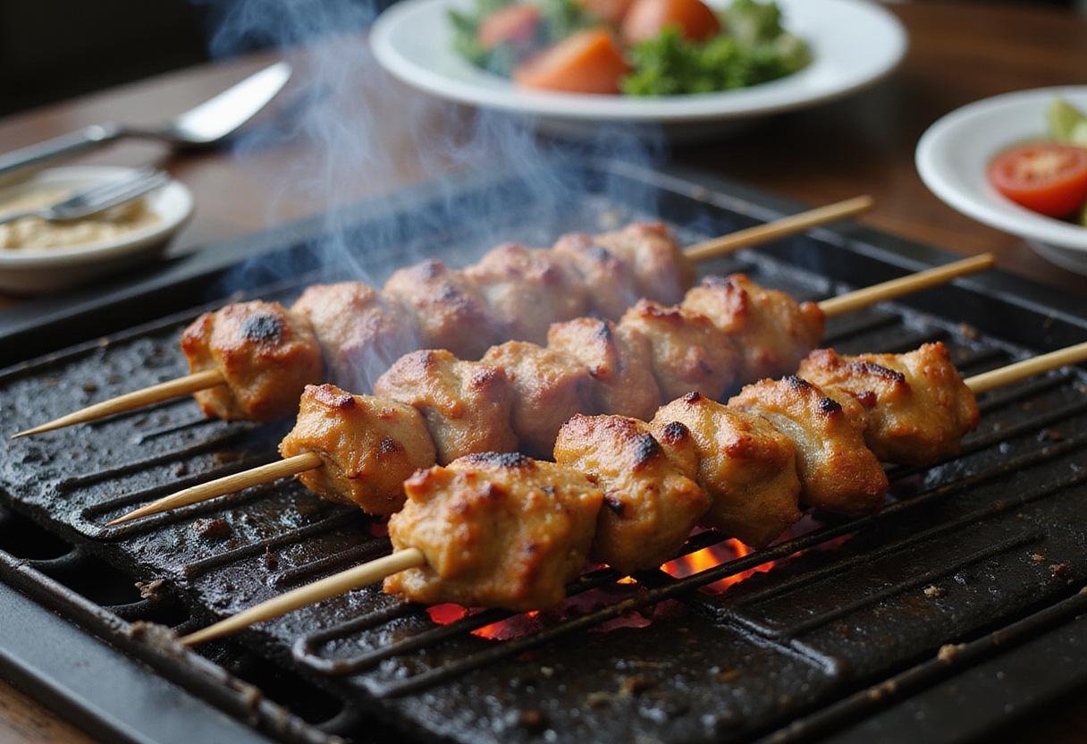 Grilling chicken adana kebab skewers, capturing the sizzling meat and smoke in a vibrant kitchen environment.