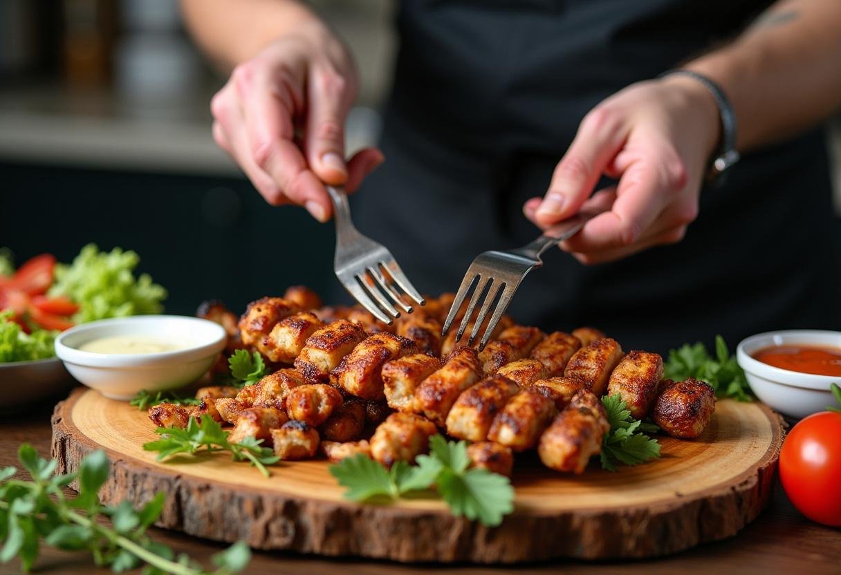 Plating grilled chicken adana kebab with fresh salad and sauces on a rustic wooden board.
