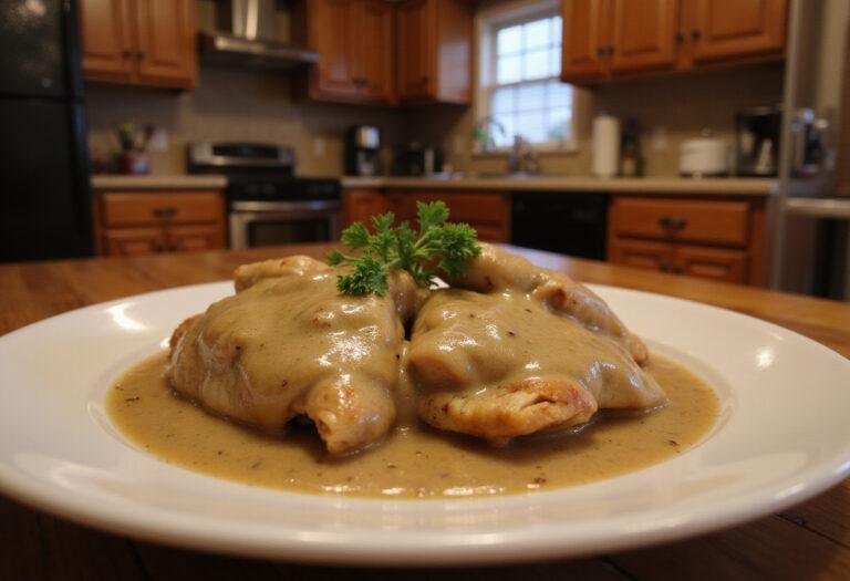 Final presentation of flavorful chicken gravy over tender chicken in a cozy kitchen setting.