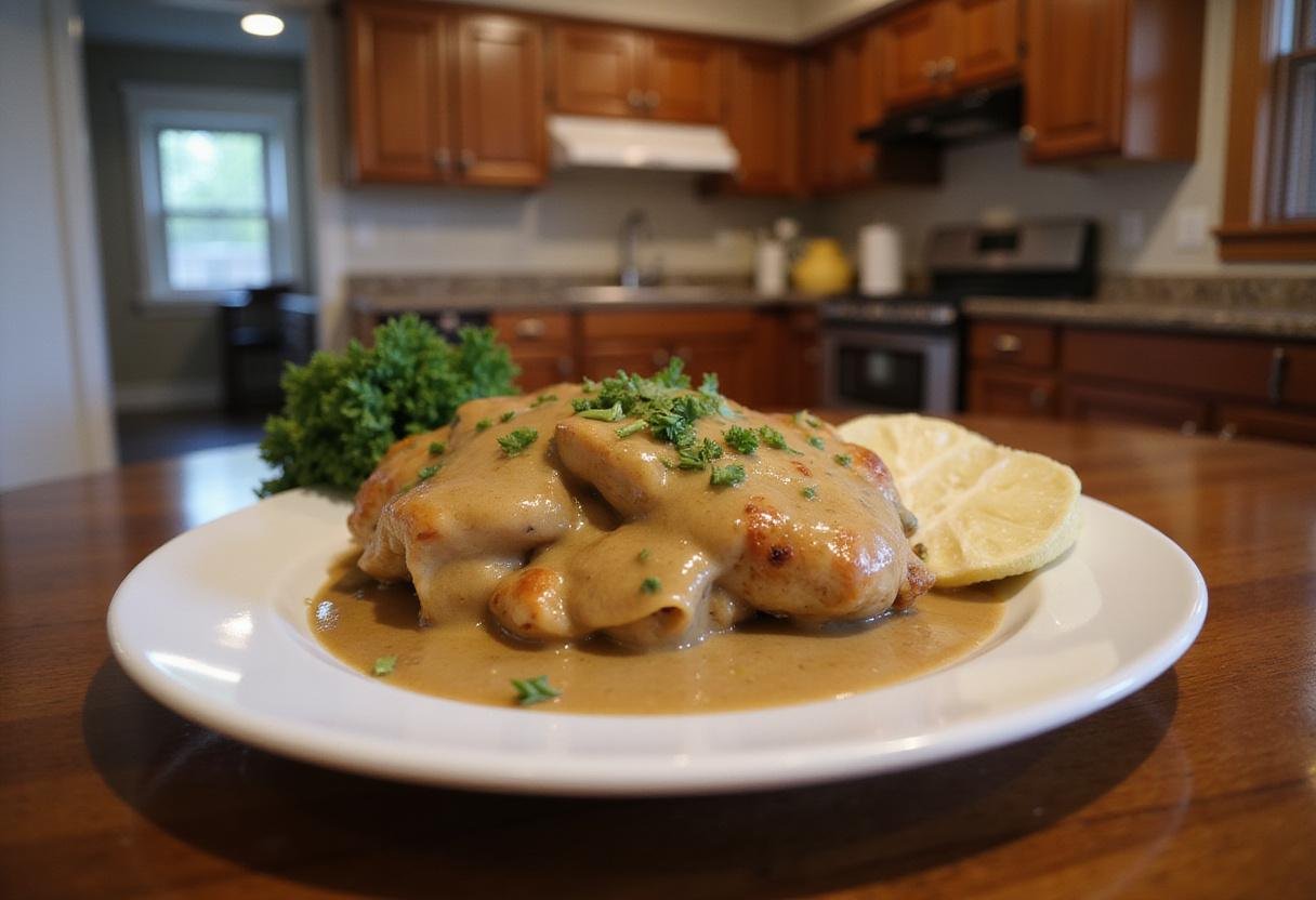 Final presentation of flavorful chicken gravy over tender chicken in a cozy kitchen setting.