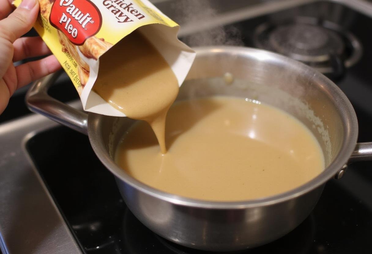Making chicken gravy by adding the chicken gravy packet mix to a saucepan warming water on the stovetop.