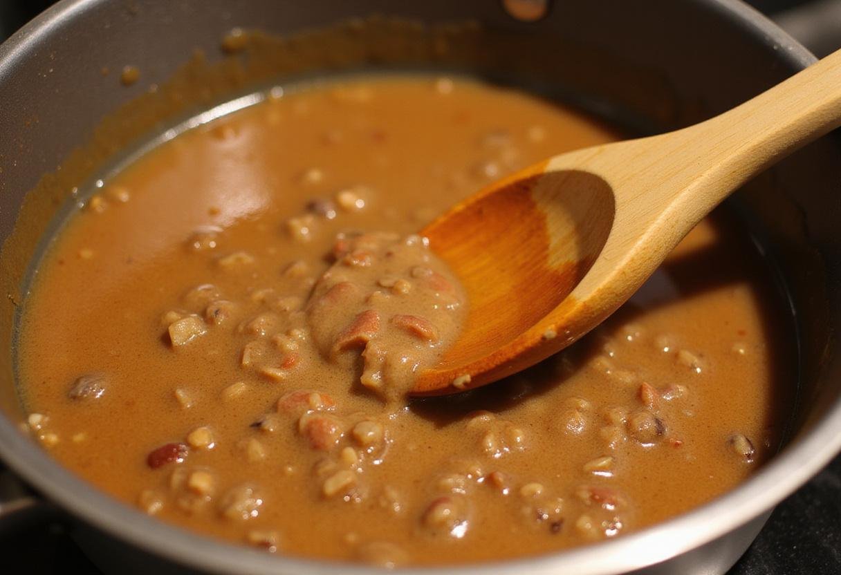 Stirring the chicken gravy on the stovetop as it simmers to achieve the right consistency and flavor.
