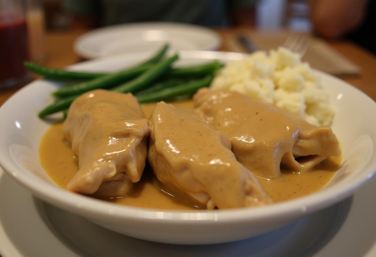 Serving delicious chicken with thick chicken gravy and sides of mashed potatoes and green beans on a dinner table.