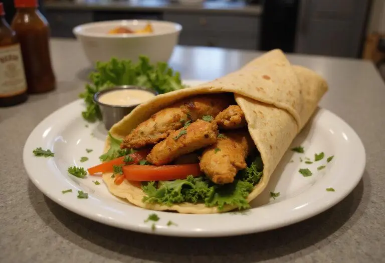 Delicious chicken shawarma wrap on a plate, displaying mouthwatering ingredients, representing chicken shawarma calories in a vibrant and appetizing way.