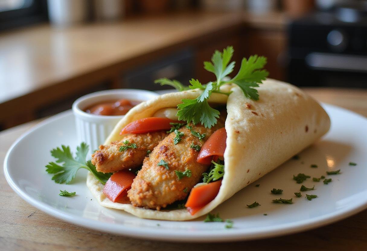 Delicious chicken shawarma wrap on a plate, displaying mouthwatering ingredients, representing chicken shawarma calories in a vibrant and appetizing way.
