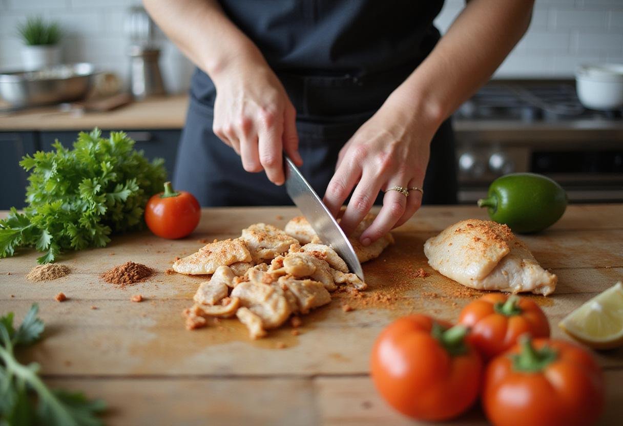 Preparing chicken for chicken shawarma, focusing on sliced marinated chicken and spices, showcasing chicken shawarma calories.