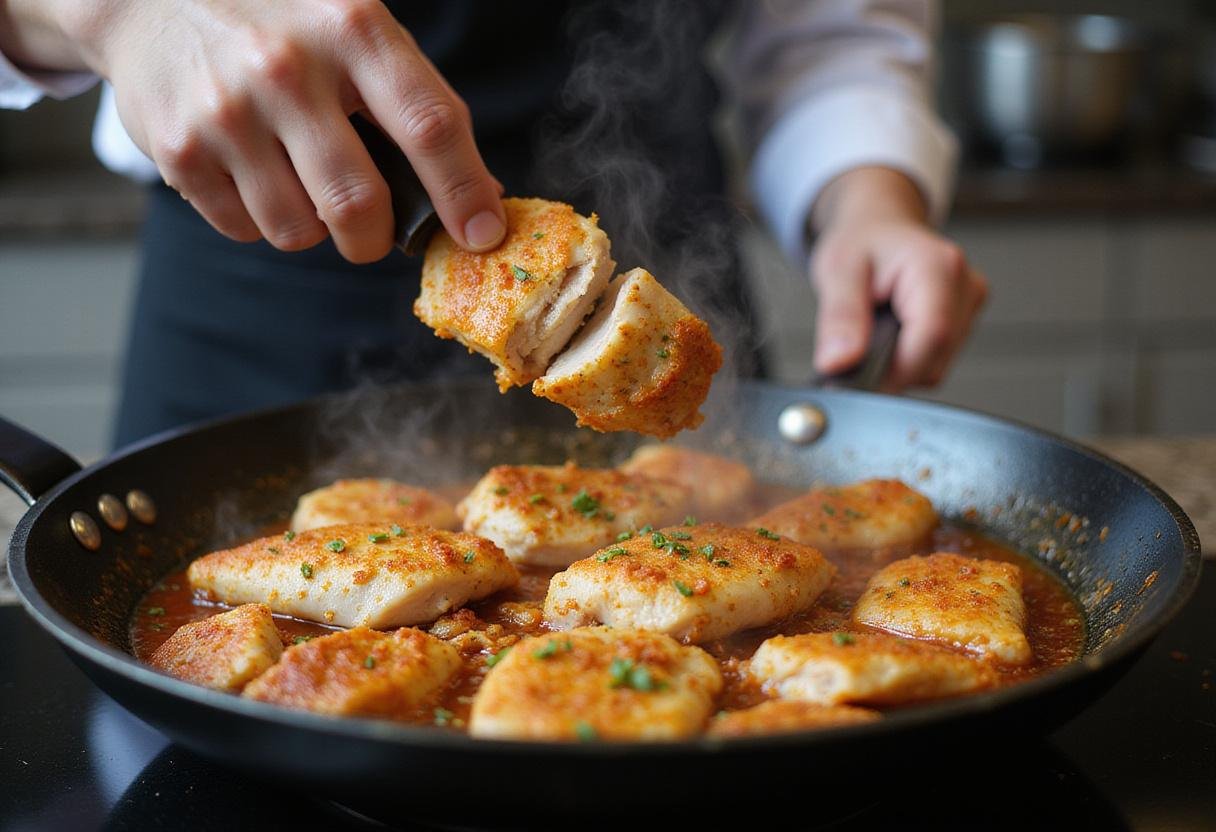 Cooking chicken strips in a skillet for chicken shawarma, emphasizing the rich flavors and ingredients that contribute to chicken shawarma calories.