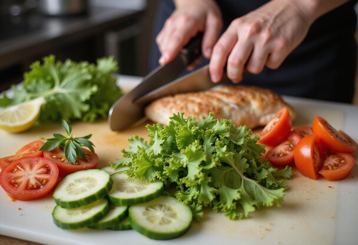 Chopping vegetables for chicken shawarma, capturing the vibrant colors enhancing chicken shawarma calories.