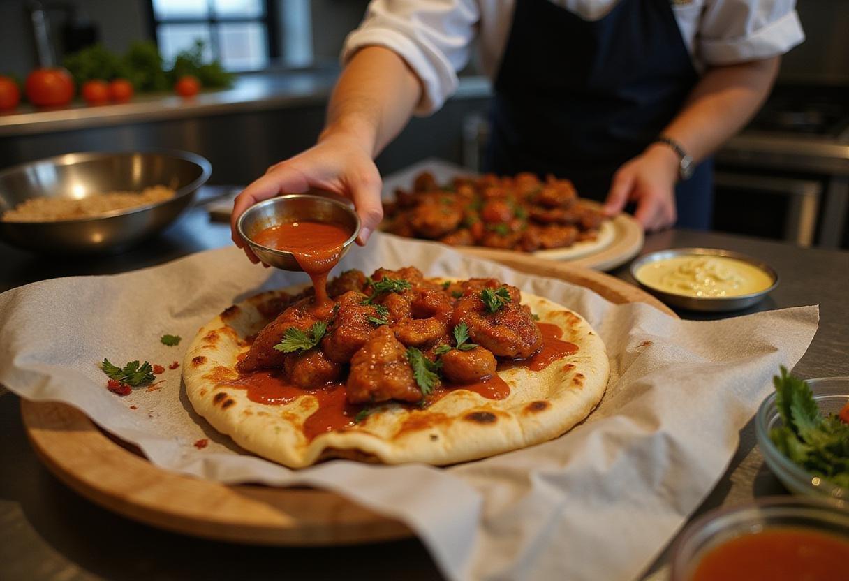 Assembling chicken shawarma on pita with sauces and fresh vegetables, highlighting chicken shawarma calories with a focus on vibrant flavors.