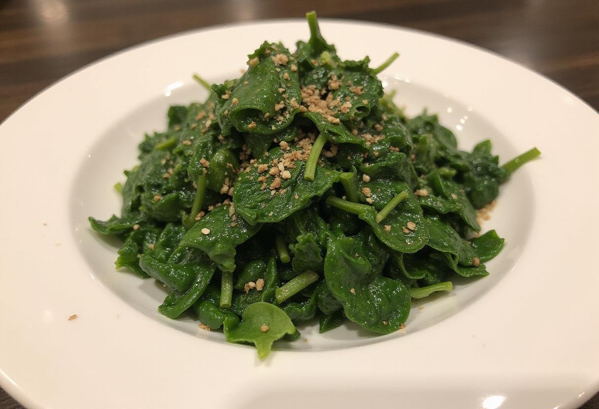 Plated chopped spinach sensation, garnished and ready to serve, showcasing the vibrant colors and flavors of the dish.