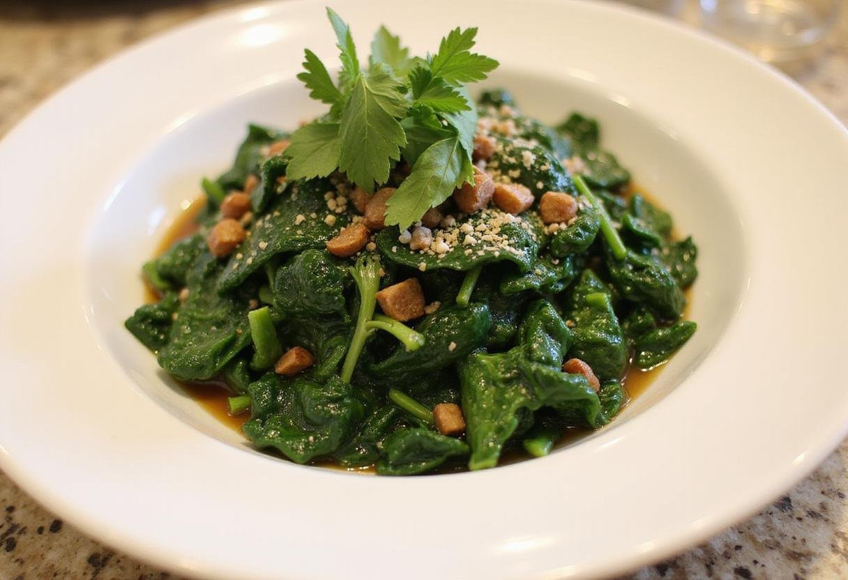 Plated chopped spinach sensation, garnished and ready to serve, showcasing the vibrant colors and flavors of the dish.