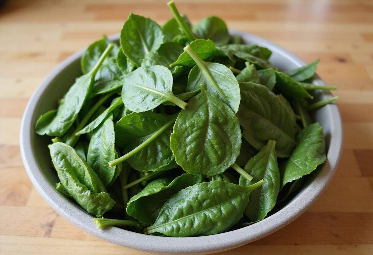 Freshly washed chopped spinach on a wooden countertop, vibrant green leaves, perfect for making chopped spinach sensation recipe.