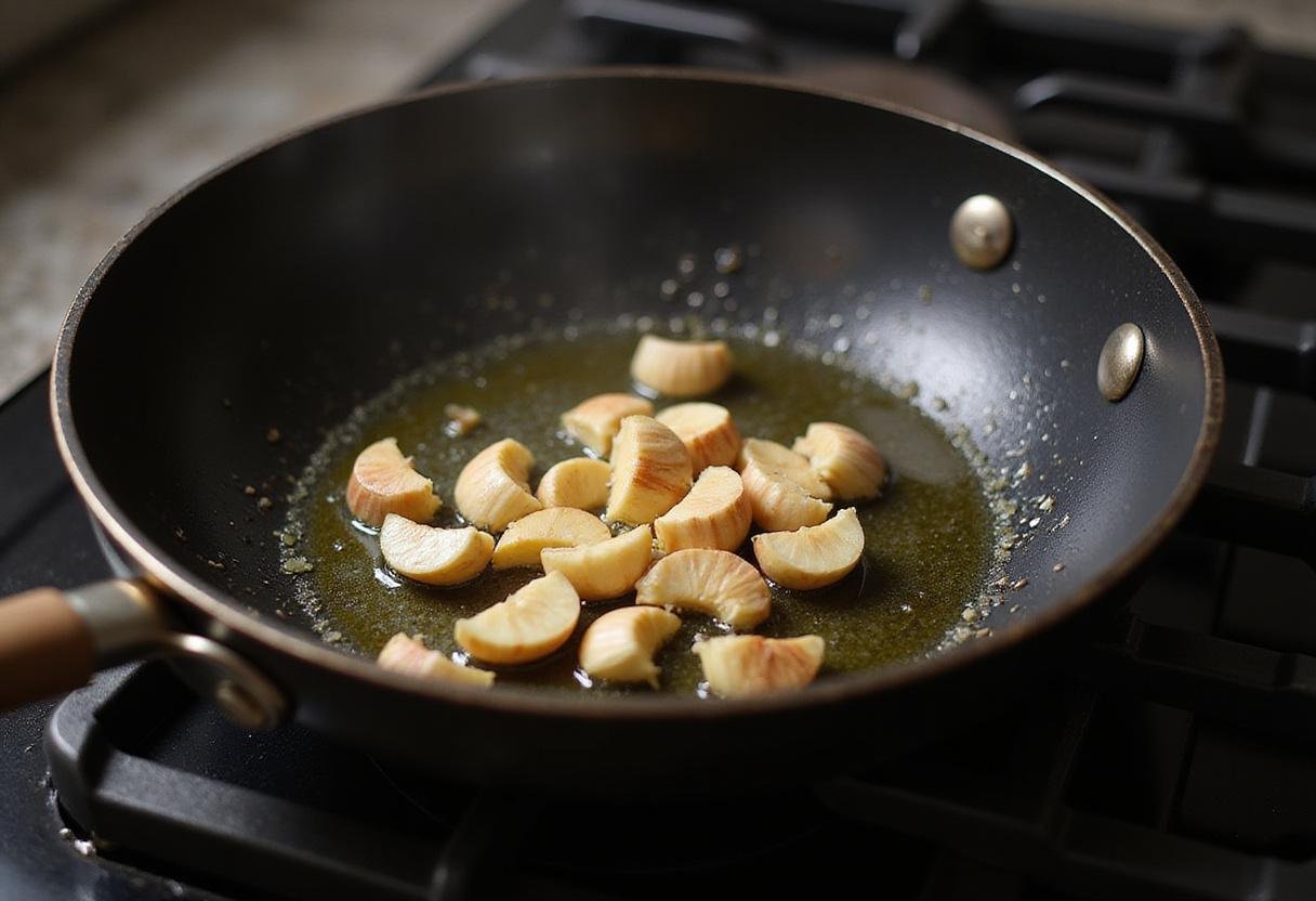 Sauteing garlic in olive oil in a frying pan, a key step in preparing delicious chopped spinach sensation in a home kitchen.