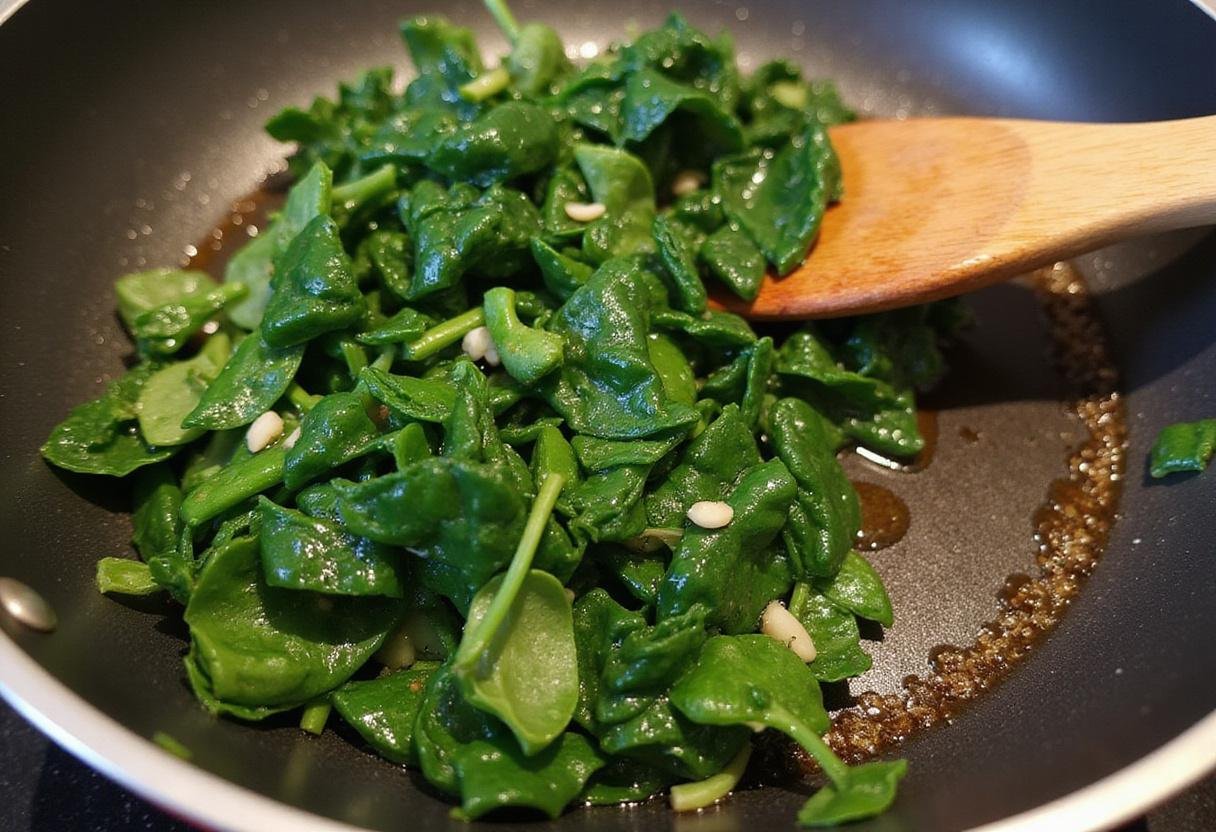 Chopped spinach mixed with sautéed garlic in a frying pan, demonstrating the preparation of a healthy chopped spinach sensation dish.
