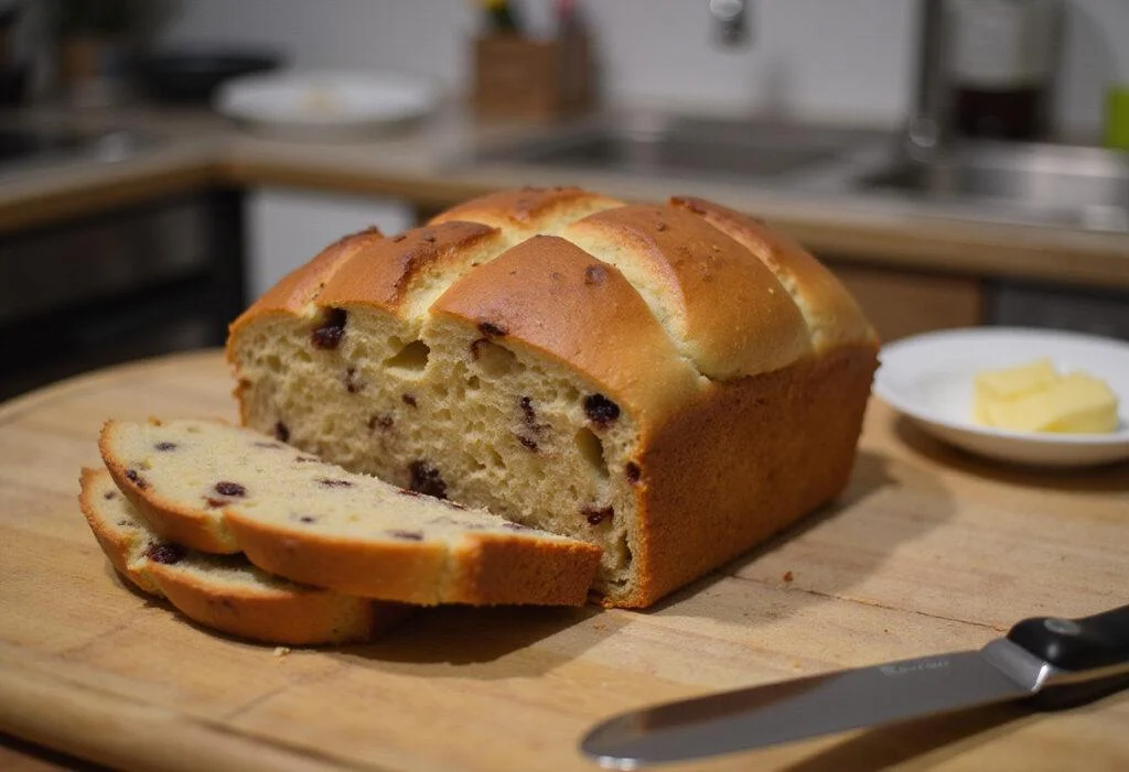 Final result of homemade cinnamon raisin bread machine recipe, showcasing a delicious loaf with butter.