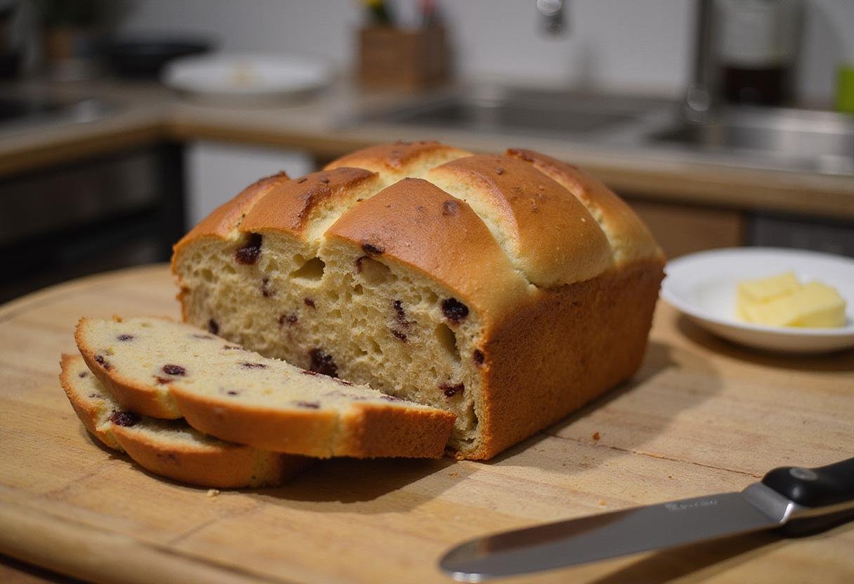 Final result of homemade cinnamon raisin bread machine recipe, showcasing a delicious loaf with butter.
