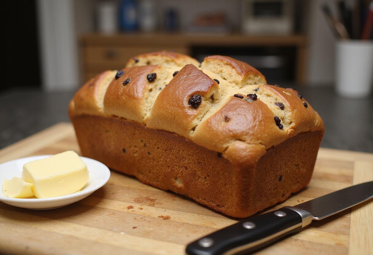 Final result of homemade cinnamon raisin bread machine recipe, showcasing a delicious loaf with butter.