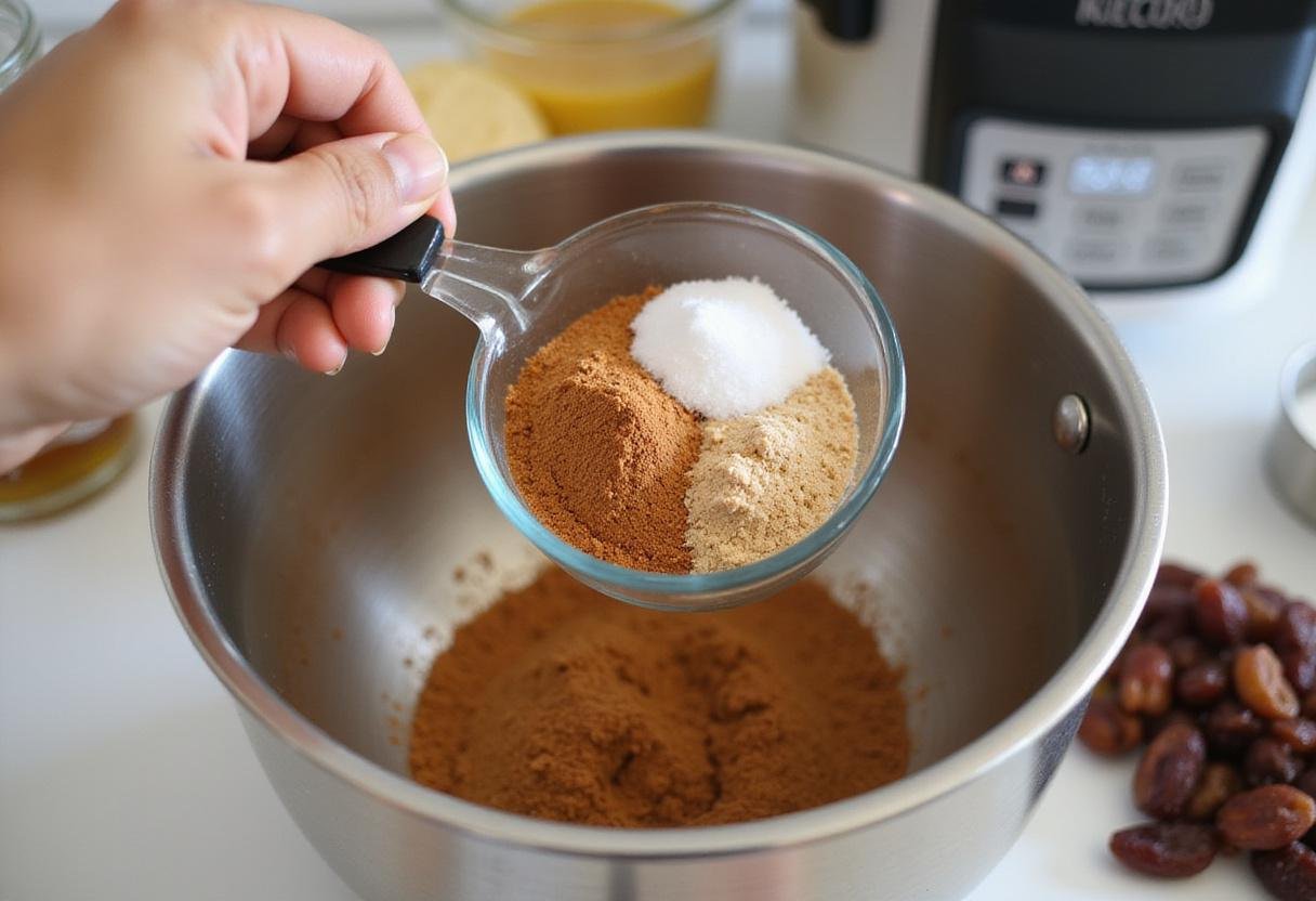 Cinnamon raisin bread machine recipe ingredients including brown sugar, cinnamon, and salt in a mixing bowl.