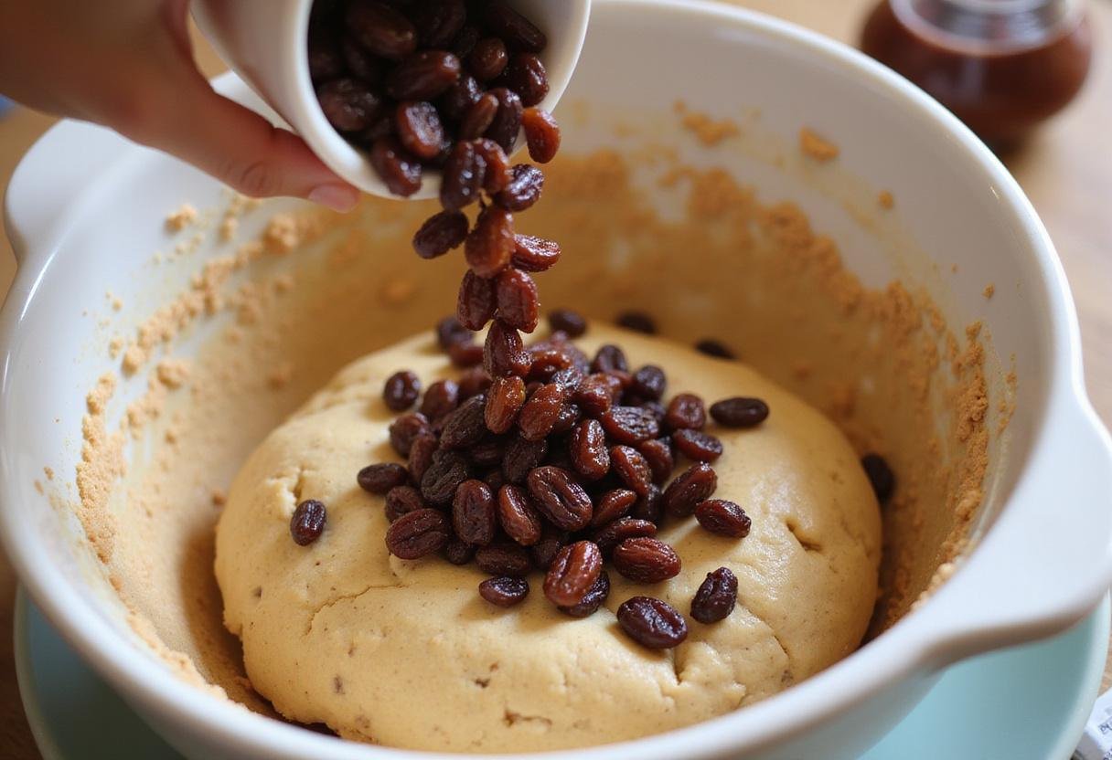 Incorporating raisins into the dough for a cinnamon raisin bread machine recipe.