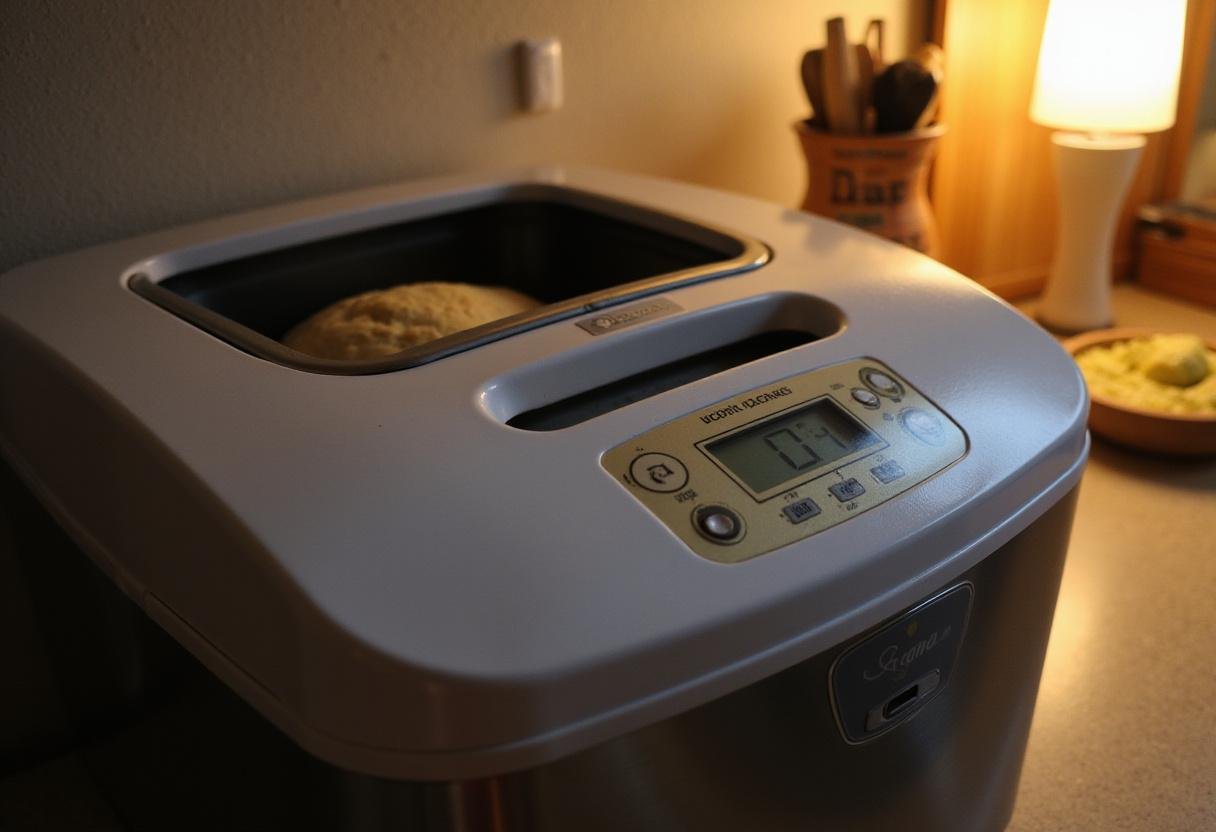 Bread machine kneading dough for a cinnamon raisin bread recipe, setting the stage for baking.