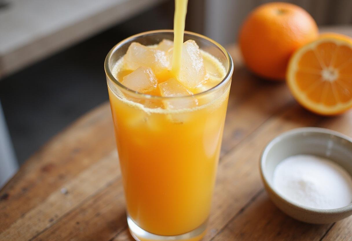 Refreshing orange juice poured into a glass with ice, capturing the essence of Florida oranges for a perfect Citrus Sunrise drink.