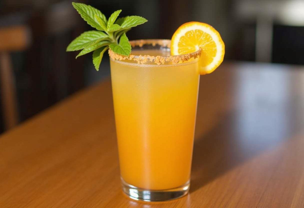 Citrus Florida Orange Sunrise drink garnished with fresh orange slice and mint, showcasing the beautiful color and refreshing appeal.