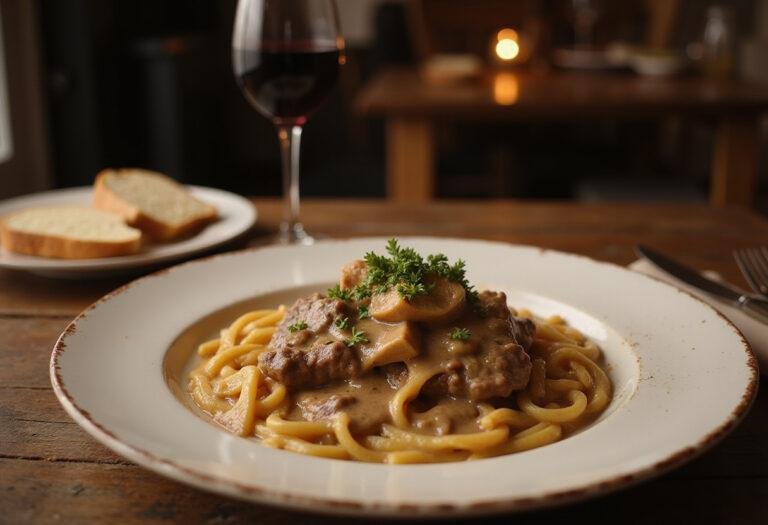 Final presentation of classic beef stroganoff recipe, showcasing rich flavors and elegant plating, perfect for a cozy meal.
