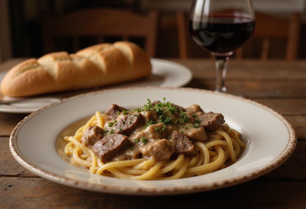 Final presentation of classic beef stroganoff recipe, showcasing rich flavors and elegant plating, perfect for a cozy meal.