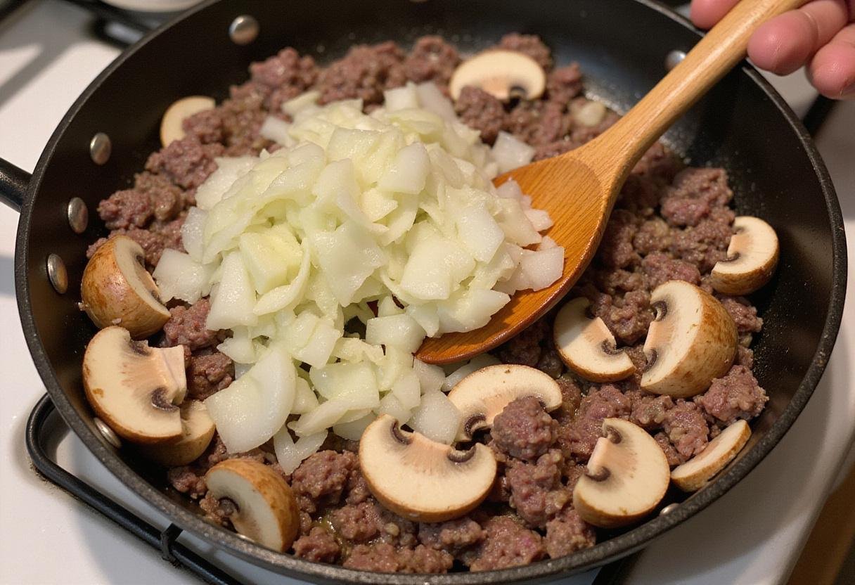 Making beef stroganoff recipe with sautéed onions and mushrooms added to the pan, creating a rich and savory base for the dish.