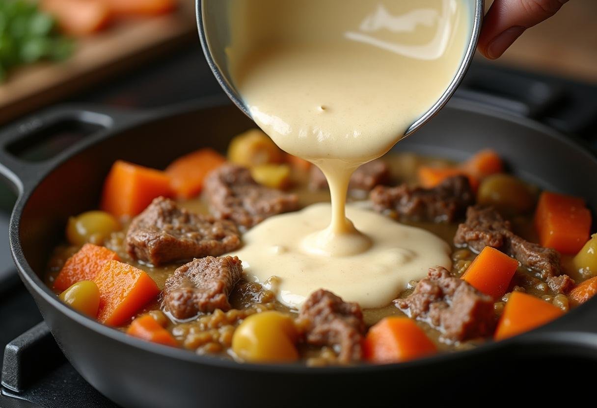 Crafting a rich and creamy beef stroganoff sauce with sour cream and broth, enveloping the beef and vegetables for a delectable finish.