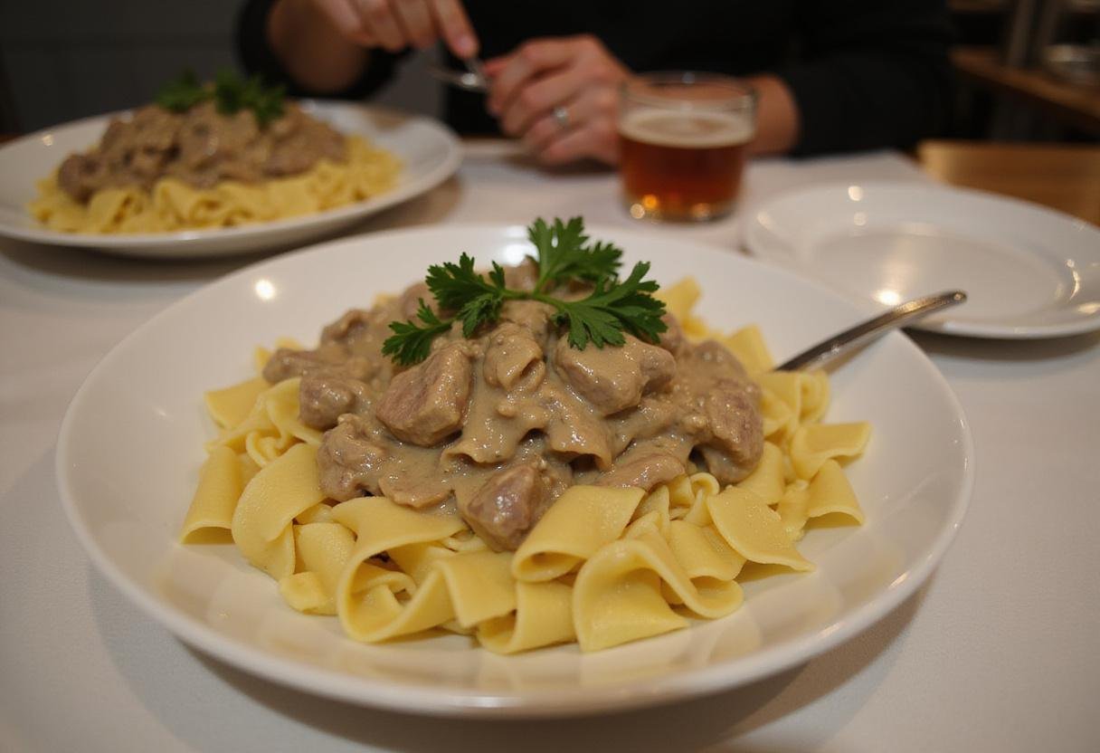 Plating the stunning creamy beef stroganoff over cooked egg noodles, beautifully garnished with parsley, ready to serve.
