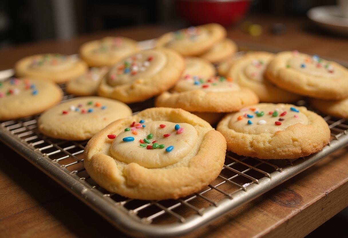 Final display of golden-brown classic sweet sugar cookies with decorative icing