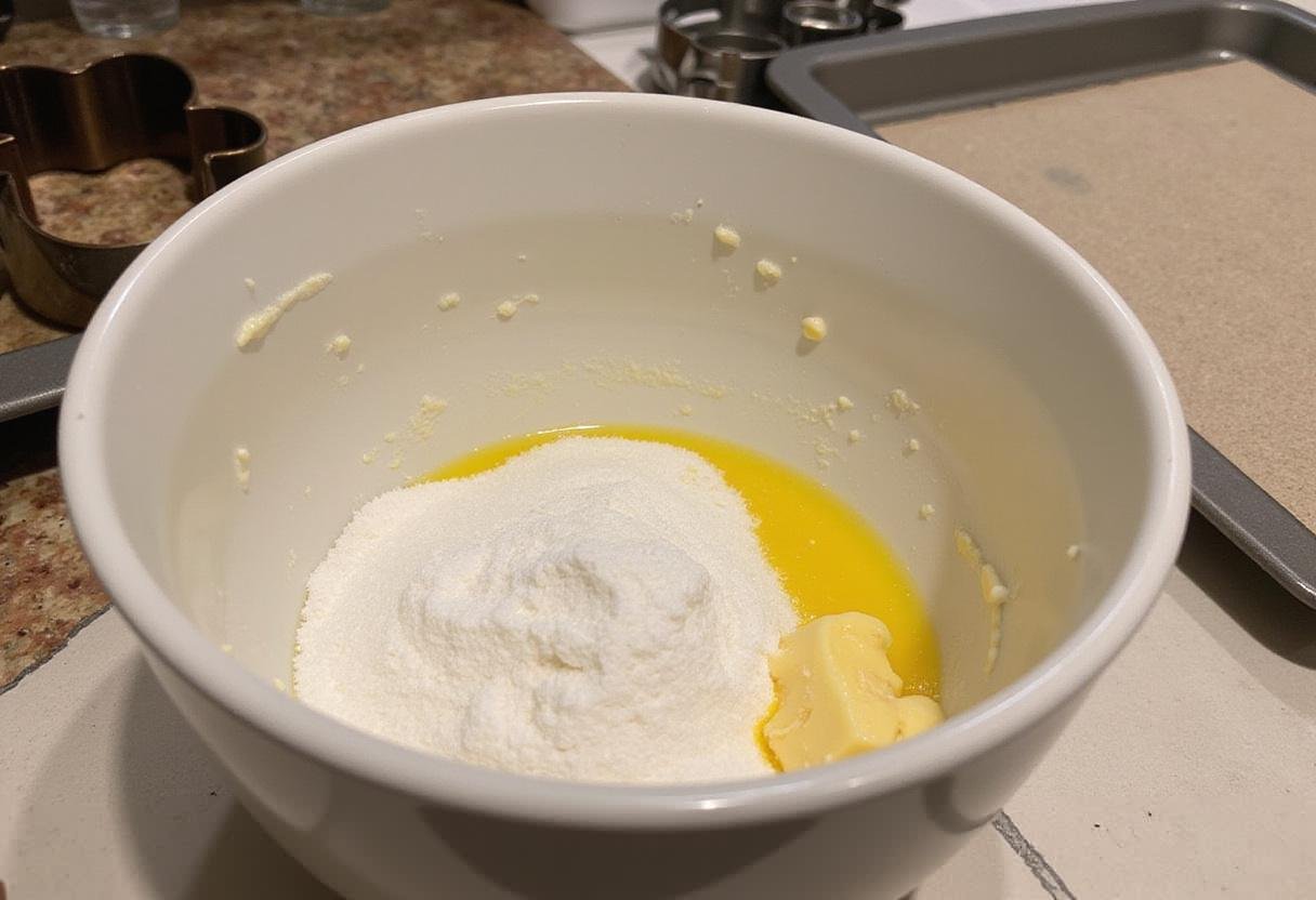 Sugar cookie recipe step with sugar and butter mixed to a creamy consistency