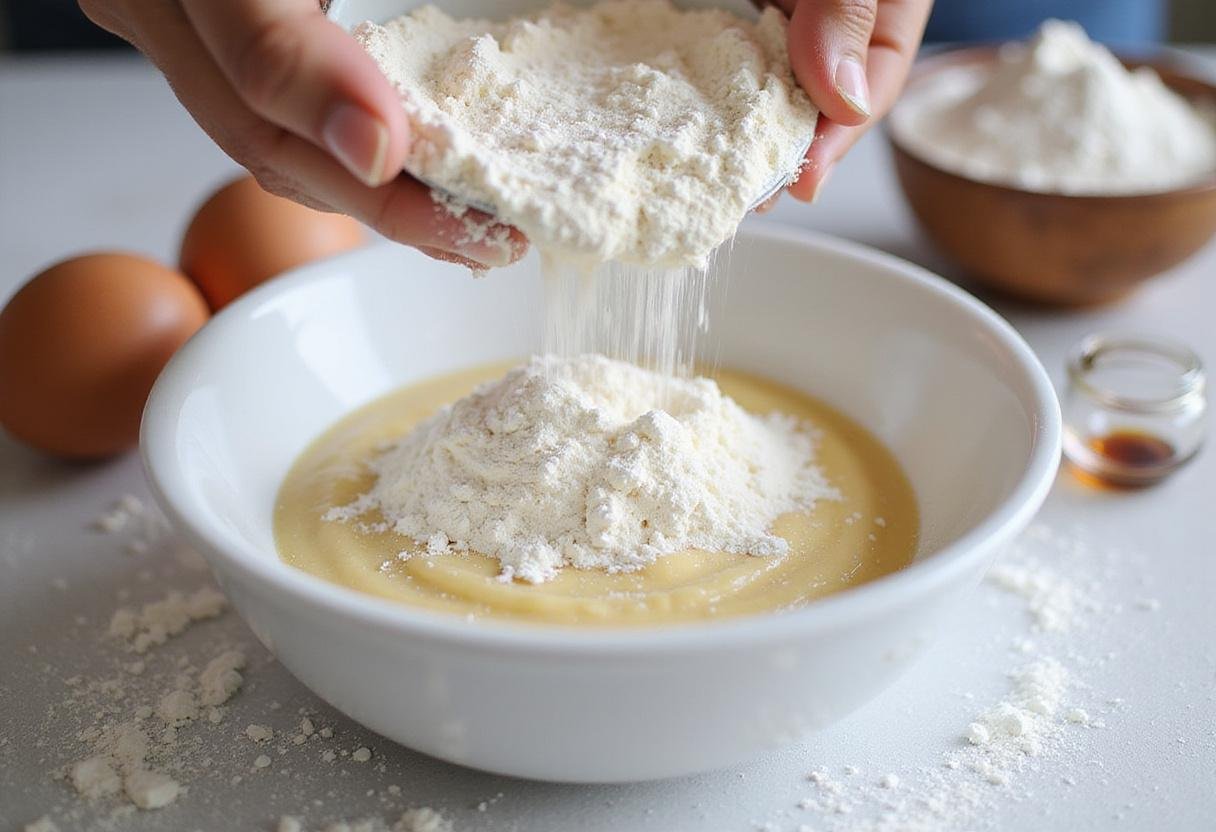 In the process of creating a classic sweet sugar cookie by adding flour to the mixture